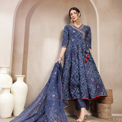 Kimayra Cotton Calf Length Printed 3/4 Sleeve Angrakha Flared Kurta Suit Set