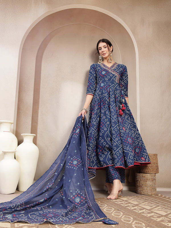 Kimayra Cotton Calf Length Printed 3/4 Sleeve Angrakha Flared Kurta Suit Set