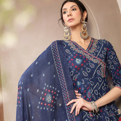 Kimayra Cotton Calf Length Printed 3/4 Sleeve Angrakha Flared Kurta Suit Set