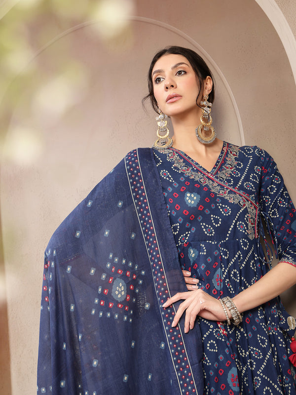 Kimayra Cotton Calf Length Printed 3/4 Sleeve Angrakha Flared Kurta Suit Set