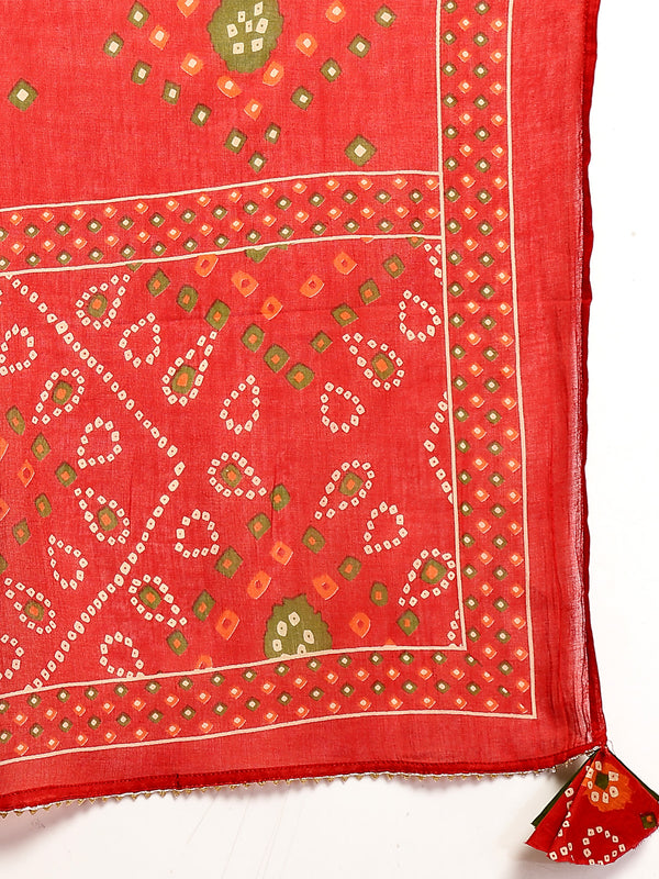 Kimayra Cotton Calf Length Printed 3/4 Sleeve Angrakha Flared Kurta Suit Set