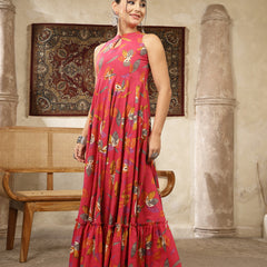 Kimayra Cotton Calf Length Printed Sleeveless Key Hole Neck Flared Kurta