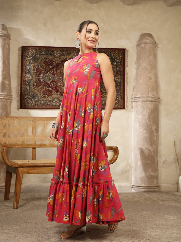 Kimayra Cotton Calf Length Printed Sleeveless Key Hole Neck Flared Kurta