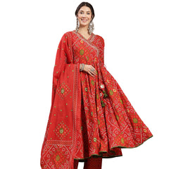 Kimayra Cotton Calf Length Printed 3/4 Sleeve Angrakha Flared Kurta Suit Set