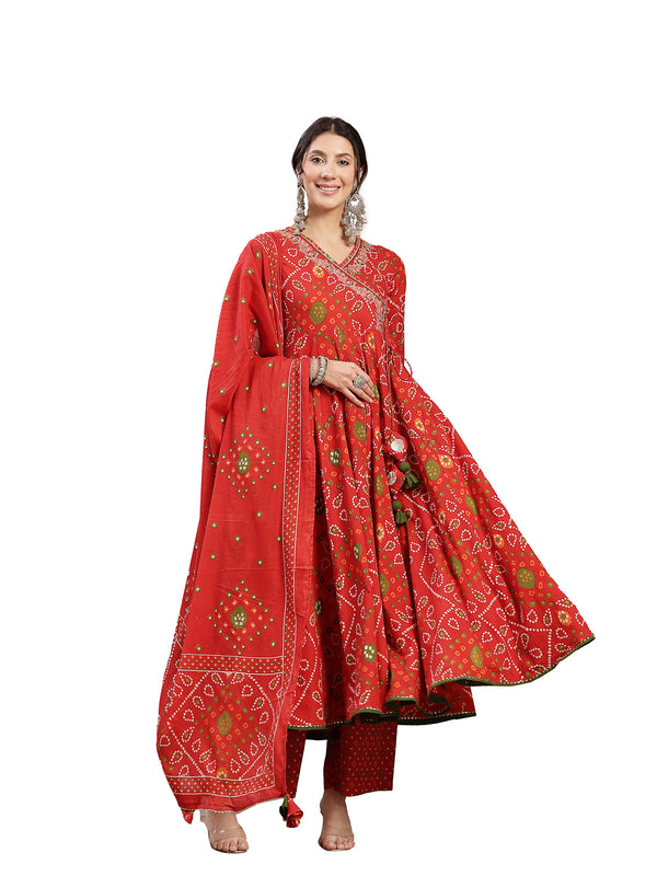 Kimayra Cotton Calf Length Printed 3/4 Sleeve Angrakha Flared Kurta Suit Set