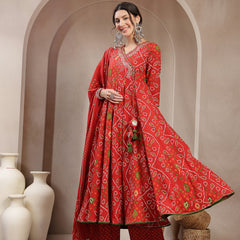 Kimayra Cotton Calf Length Printed 3/4 Sleeve Angrakha Flared Kurta Suit Set