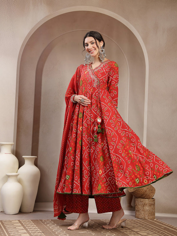 Kimayra Cotton Calf Length Printed 3/4 Sleeve Angrakha Flared Kurta Suit Set