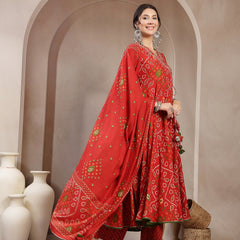 Kimayra Cotton Calf Length Printed 3/4 Sleeve Angrakha Flared Kurta Suit Set