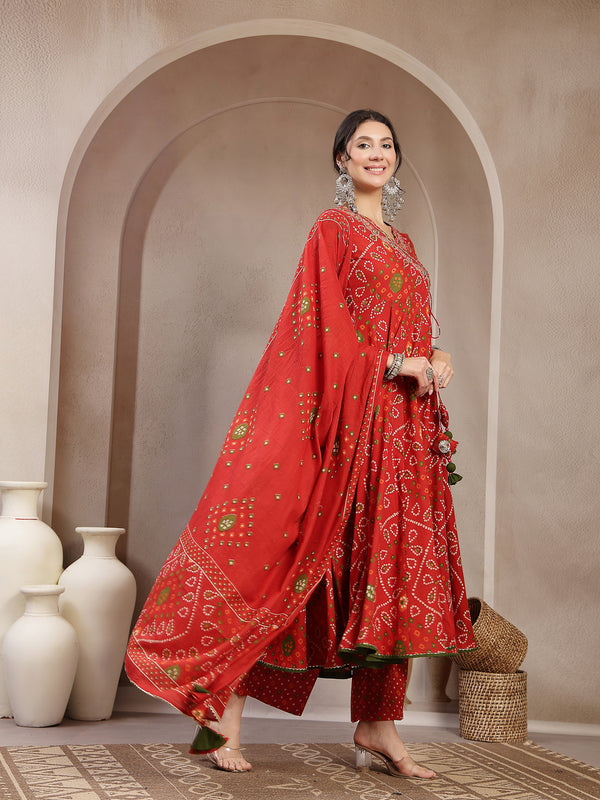 Kimayra Cotton Calf Length Printed 3/4 Sleeve Angrakha Flared Kurta Suit Set