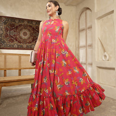 Kimayra Cotton Calf Length Printed Sleeveless Key Hole Neck Flared Kurta