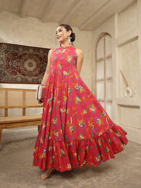 Kimayra Cotton Calf Length Printed Sleeveless Key Hole Neck Flared Kurta