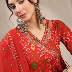 Kimayra Cotton Calf Length Printed 3/4 Sleeve Angrakha Flared Kurta Suit Set