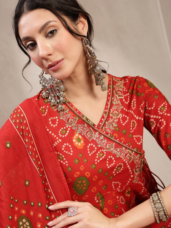 Kimayra Cotton Calf Length Printed 3/4 Sleeve Angrakha Flared Kurta Suit Set
