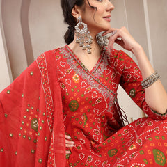 Kimayra Cotton Calf Length Printed 3/4 Sleeve Angrakha Flared Kurta Suit Set