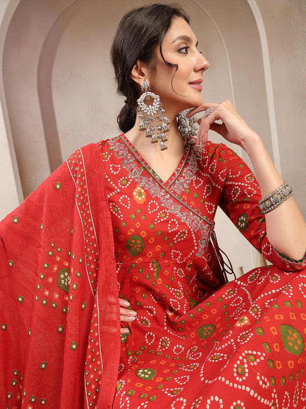 Kimayra Cotton Calf Length Printed 3/4 Sleeve Angrakha Flared Kurta Suit Set