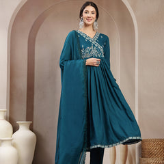 Kimayra Rayon Calf Length Solid 3/4 Sleeve Angrakha Flared Kurta Suit Set