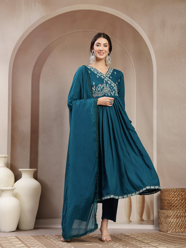 Kimayra Rayon Calf Length Solid 3/4 Sleeve Angrakha Flared Kurta Suit Set