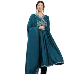 Kimayra Rayon Calf Length Solid 3/4 Sleeve Angrakha Flared Kurta Suit Set
