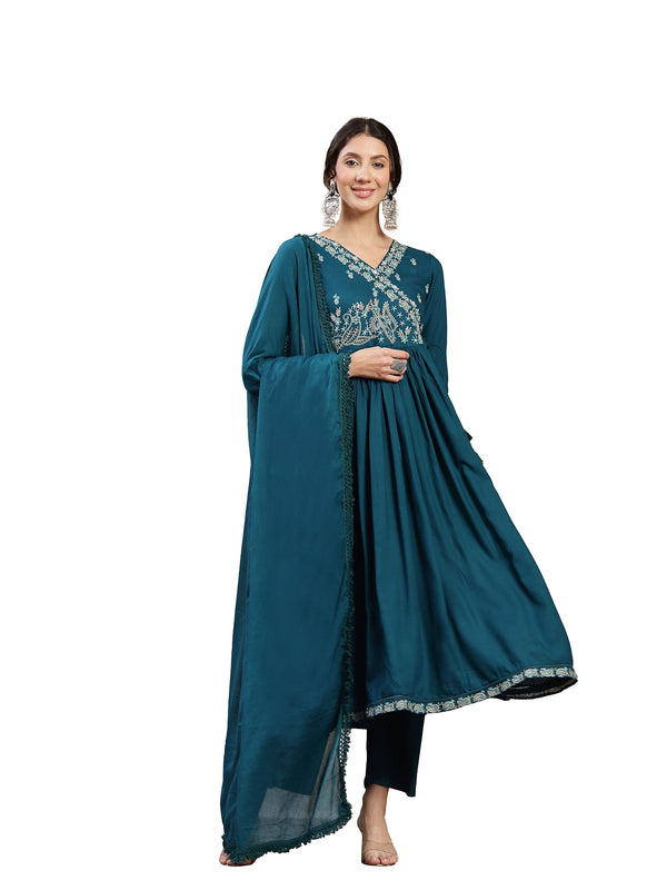 Kimayra Rayon Calf Length Solid 3/4 Sleeve Angrakha Flared Kurta Suit Set