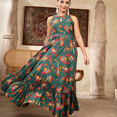 Kimayra Cotton Calf Length Printed Sleeveless Key Hole Neck Flared Kurta