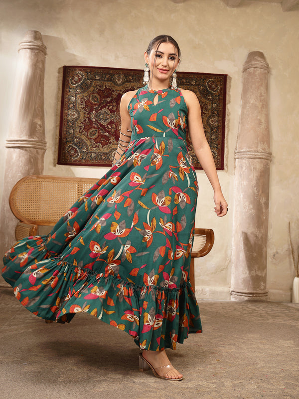Kimayra Cotton Calf Length Printed Sleeveless Key Hole Neck Flared Kurta