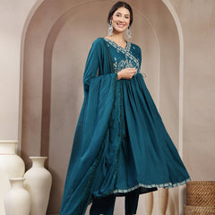 Kimayra Rayon Calf Length Solid 3/4 Sleeve Angrakha Flared Kurta Suit Set