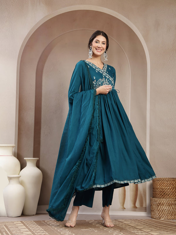 Kimayra Rayon Calf Length Solid 3/4 Sleeve Angrakha Flared Kurta Suit Set