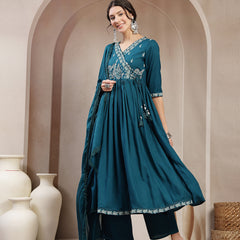 Kimayra Rayon Calf Length Solid 3/4 Sleeve Angrakha Flared Kurta Suit Set
