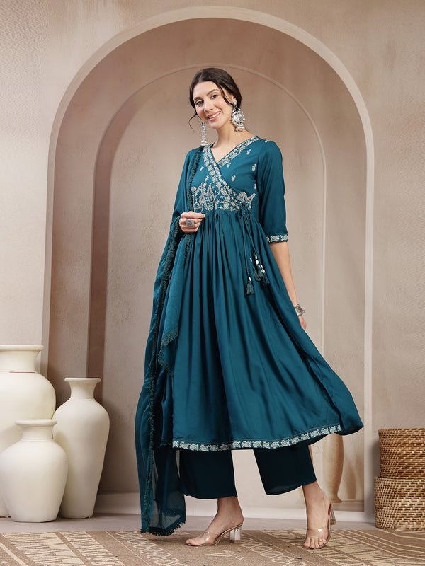 Kimayra Rayon Calf Length Solid 3/4 Sleeve Angrakha Flared Kurta Suit Set