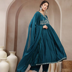 Kimayra Rayon Calf Length Solid 3/4 Sleeve Angrakha Flared Kurta Suit Set