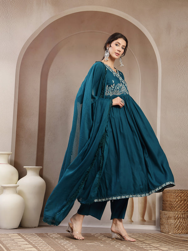 Kimayra Rayon Calf Length Solid 3/4 Sleeve Angrakha Flared Kurta Suit Set