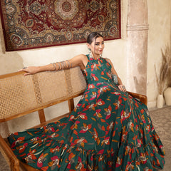 Kimayra Cotton Calf Length Printed Sleeveless Key Hole Neck Flared Kurta