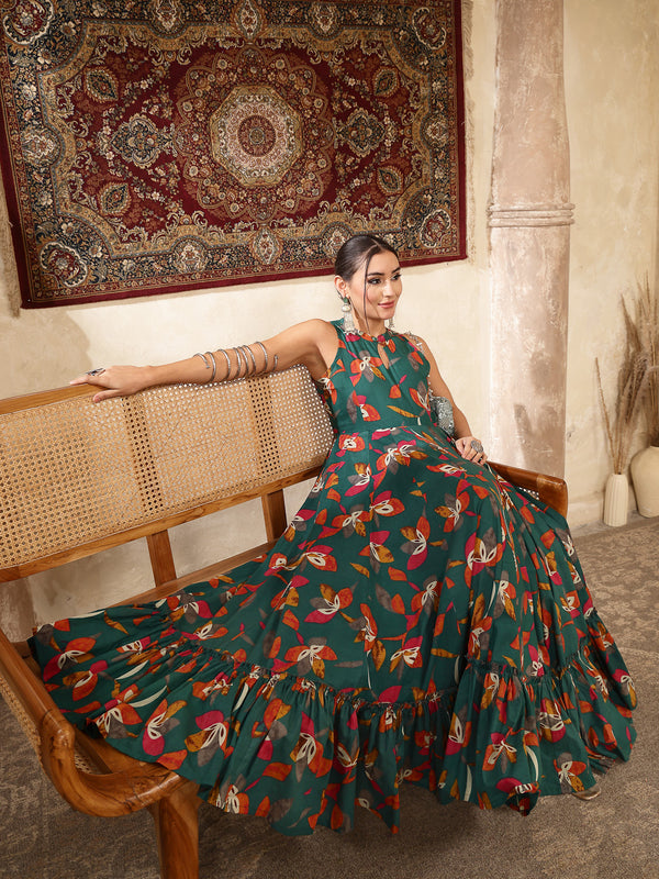 Kimayra Cotton Calf Length Printed Sleeveless Key Hole Neck Flared Kurta