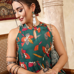 Kimayra Cotton Calf Length Printed Sleeveless Key Hole Neck Flared Kurta