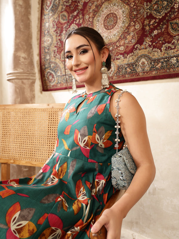 Kimayra Cotton Calf Length Printed Sleeveless Key Hole Neck Flared Kurta