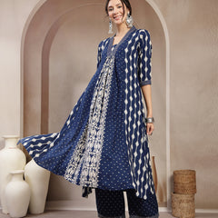 Kimayra Rayon Calf Length Printed 3/4 Sleeve V-Neck Flared Kurta Suit Set