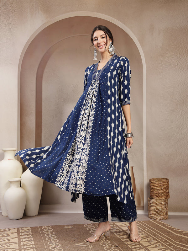 Kimayra Rayon Calf Length Printed 3/4 Sleeve V-Neck Flared Kurta Suit Set