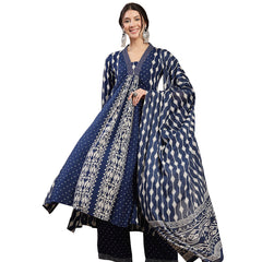 Kimayra Rayon Calf Length Printed 3/4 Sleeve V-Neck Flared Kurta Suit Set