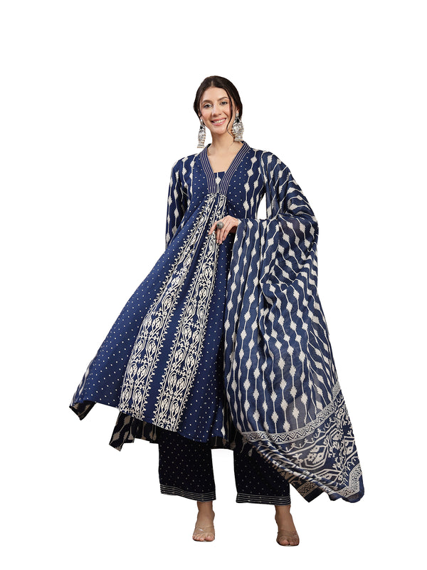 Kimayra Rayon Calf Length Printed 3/4 Sleeve V-Neck Flared Kurta Suit Set