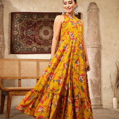 Kimayra Cotton Calf Length Printed Sleeveless Key Hole Neck Flared Kurta