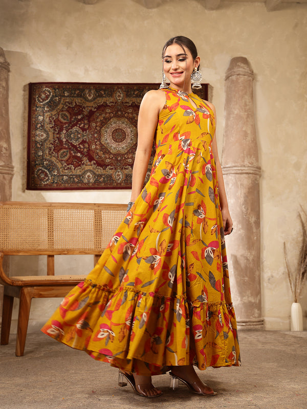 Kimayra Cotton Calf Length Printed Sleeveless Key Hole Neck Flared Kurta