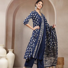 Kimayra Rayon Calf Length Printed 3/4 Sleeve V-Neck Flared Kurta Suit Set