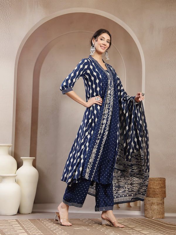 Kimayra Rayon Calf Length Printed 3/4 Sleeve V-Neck Flared Kurta Suit Set