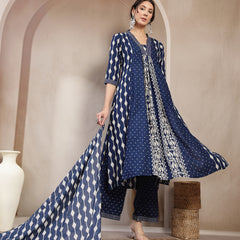 Kimayra Rayon Calf Length Printed 3/4 Sleeve V-Neck Flared Kurta Suit Set