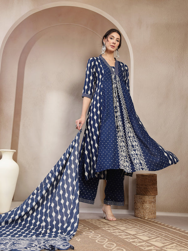 Kimayra Rayon Calf Length Printed 3/4 Sleeve V-Neck Flared Kurta Suit Set