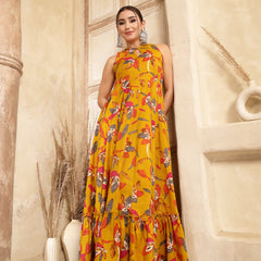 Kimayra Cotton Calf Length Printed Sleeveless Key Hole Neck Flared Kurta