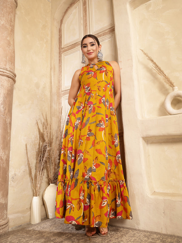 Kimayra Cotton Calf Length Printed Sleeveless Key Hole Neck Flared Kurta