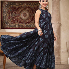 Kimayra Cotton Calf Length Printed Sleeveless Round Neck Flared Kurta