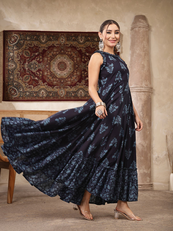 Kimayra Cotton Calf Length Printed Sleeveless Round Neck Flared Kurta