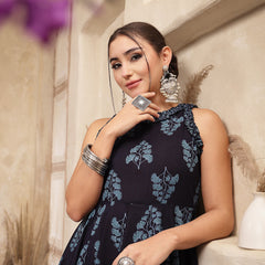 Kimayra Cotton Calf Length Printed Sleeveless Round Neck Flared Kurta